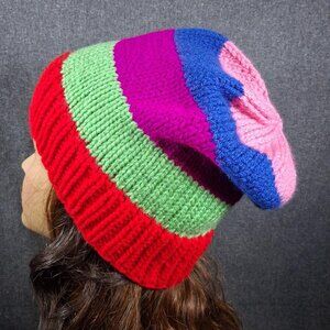 Multi-Color Slouchy Beanie – Hand-Knitted Hat, Unisex Adult & Teen